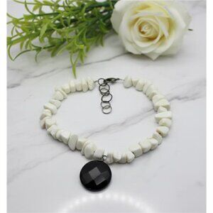 Natural Smoky Quartz Pendant White Stone Chip Beaded Necklace 19" Boho Statement